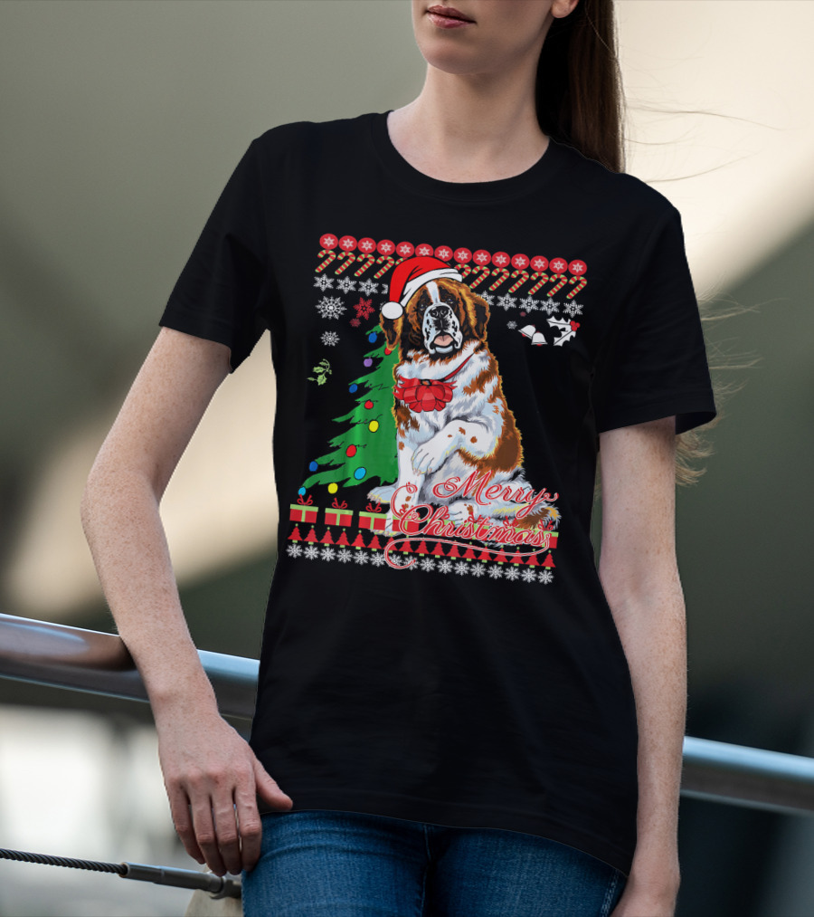Merry Christmas Saint Bernard Dog Ugly Christmas T-Shirt