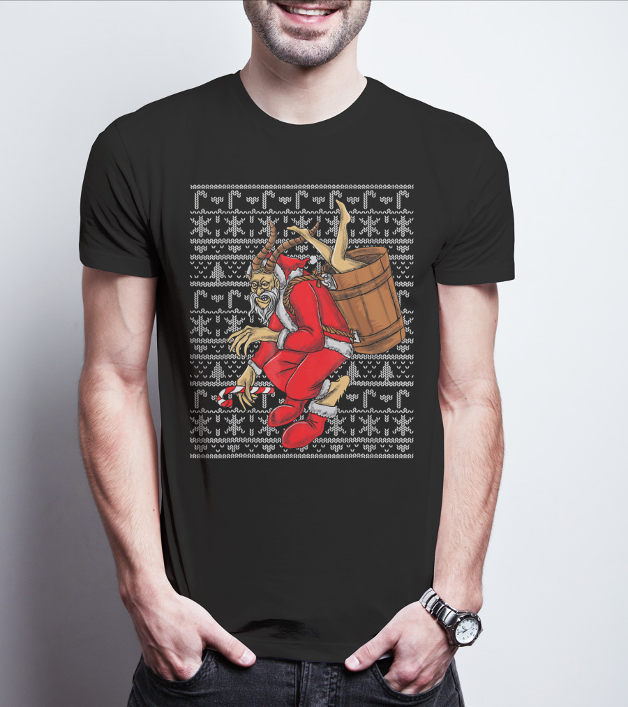 Krampus Ugly Christmas Sweater-Style Santa With Barrel And Candy Cane T-Shirt