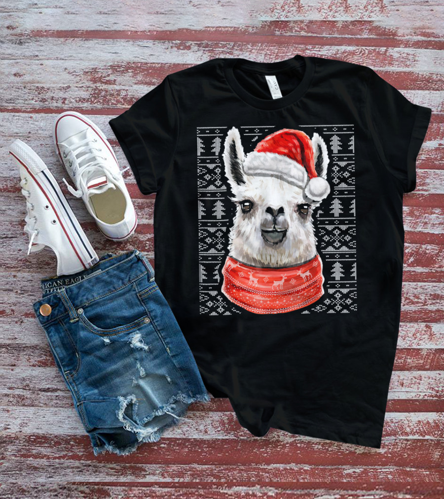 Ugly Christmas Llama Sweater With Santa Hat Festive T-Shirt