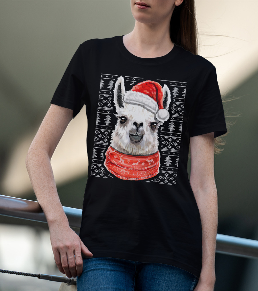 Ugly Christmas Llama Sweater With Santa Hat Festive T-Shirt