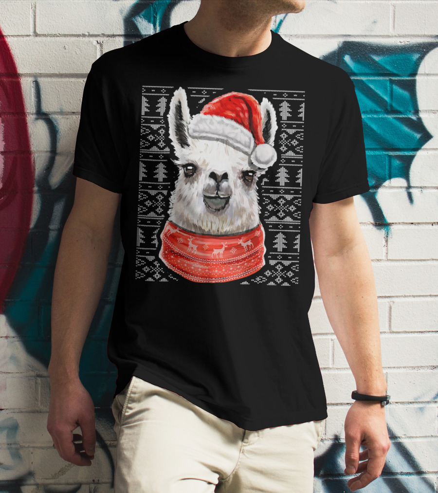 Ugly Christmas Llama Sweater With Santa Hat Festive T-Shirt