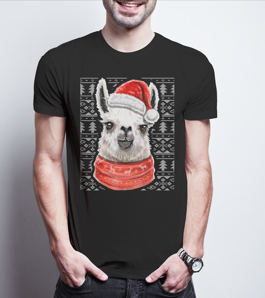 Ugly Christmas Llama Sweater With Santa Hat Festive T-Shirt