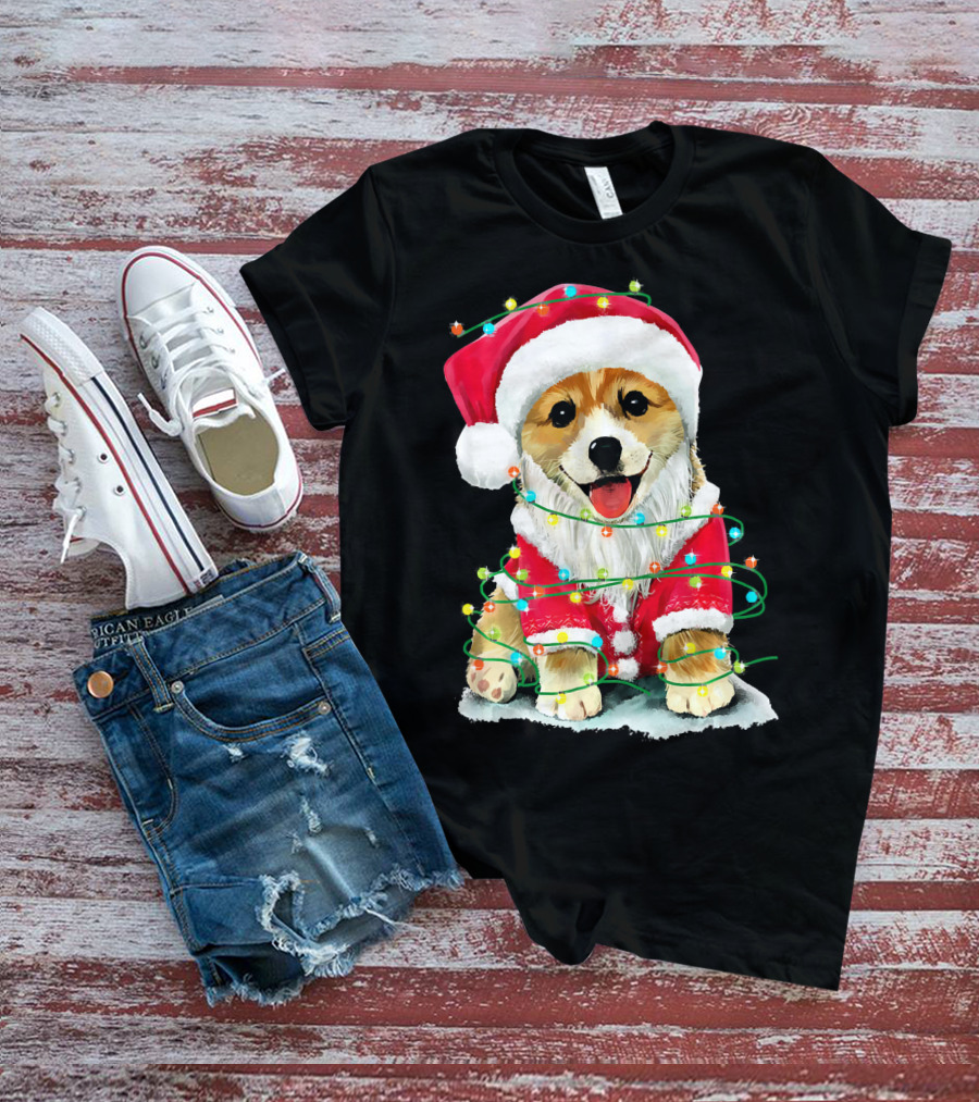 Festive Christmas Corgi Santa With Holiday Lights Corgmas San T-Shirt