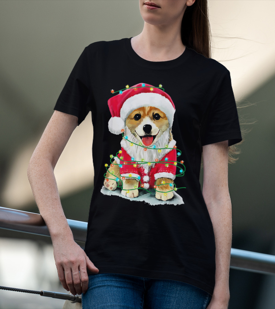 Festive Christmas Corgi Santa With Holiday Lights Corgmas San T-Shirt