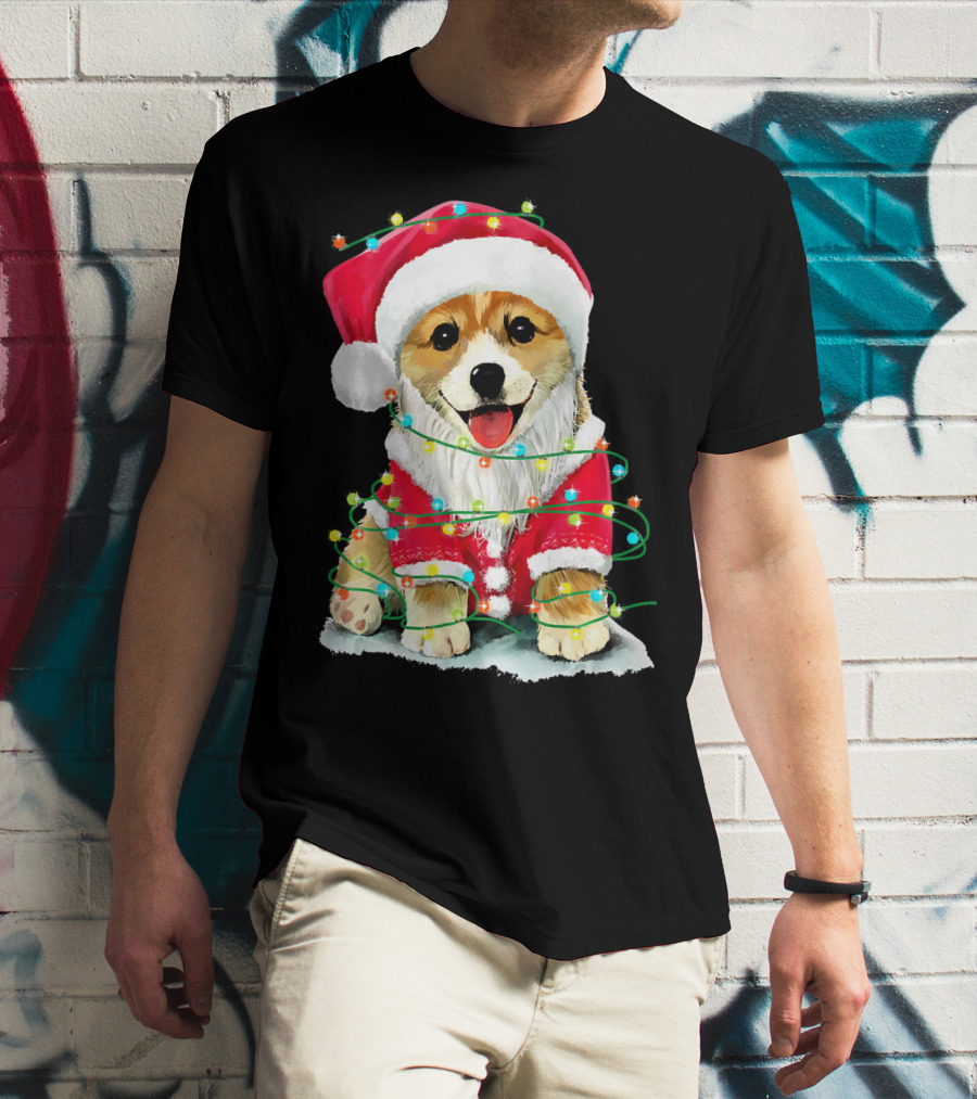 Festive Christmas Corgi Santa With Holiday Lights Corgmas San T-Shirt