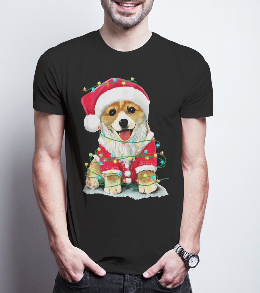 Festive Christmas Corgi Santa With Holiday Lights Corgmas San T-Shirt
