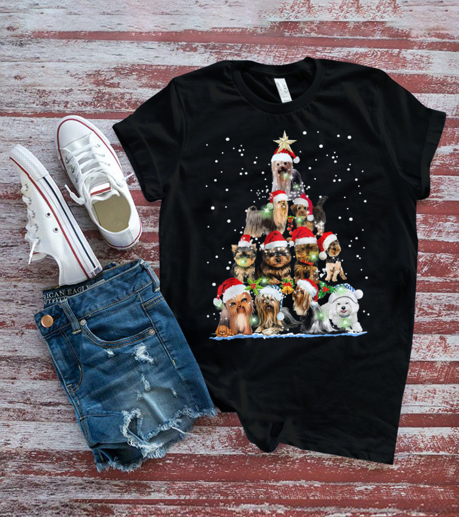 Yorkie Christmas Tree Santa Hats Dogs Snowflakes T-Shirt