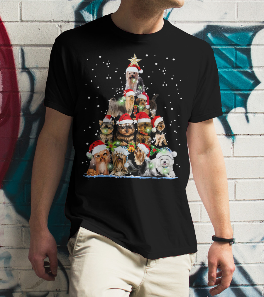 Yorkie Christmas Tree Santa Hats Dogs Snowflakes T-Shirt