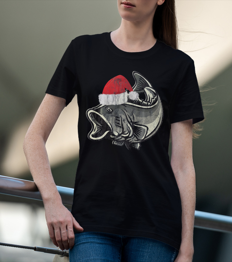 Christmas Bass With Santa Hat T-Shirt
