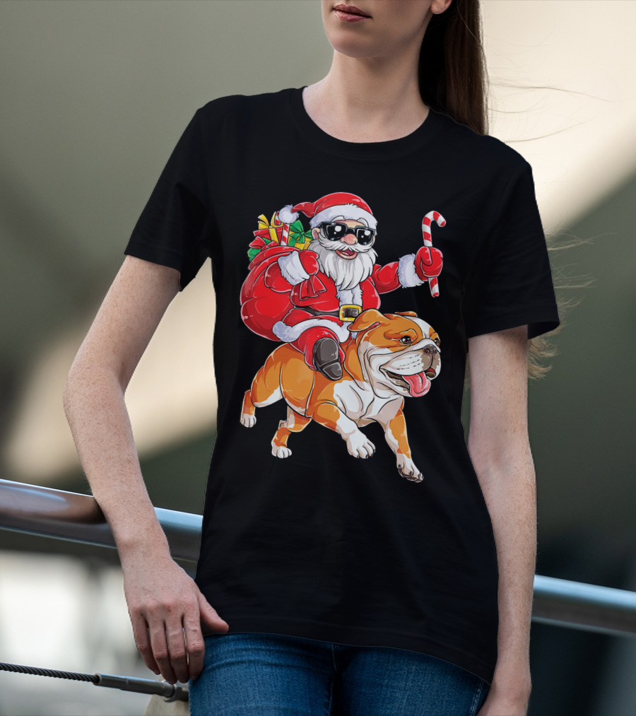 Santa Riding English Bulldog Christmas College Holiday T-Shirt