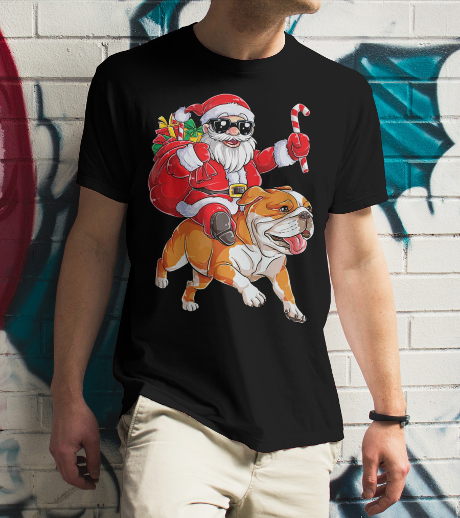 Santa Riding English Bulldog Christmas College Holiday T-Shirt