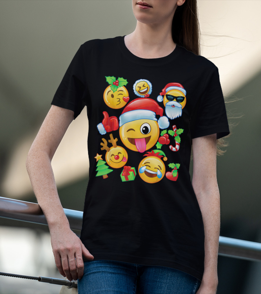 Santa Emoji Christmas Fun With Reindeer Candy Cane Gifts And Holly T-Shirt