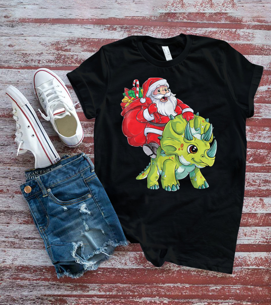 Santa Riding Triceratops Dinosaur Christmas Boys Santa Tric T-Shirt