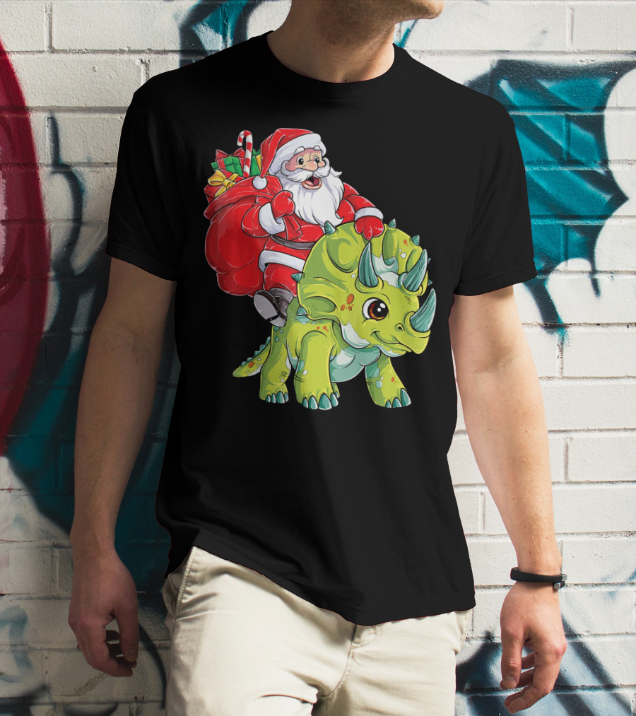 Santa Riding Triceratops Dinosaur Christmas Boys Santa Tric T-Shirt
