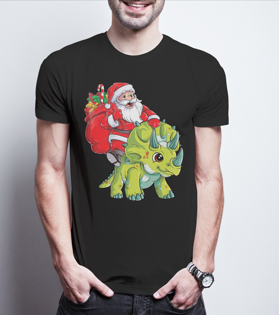 Santa Riding Triceratops Dinosaur Christmas Boys Santa Tric T-Shirt