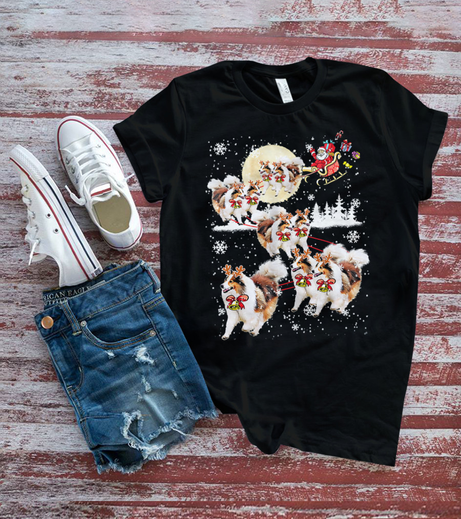 Sheltie Reindeer Christmas Nice Dog Santa Sleigh Moon Snowflakes T-Shirt