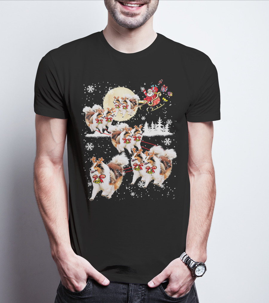 Sheltie Reindeer Christmas Nice Dog Santa Sleigh Moon Snowflakes T-Shirt