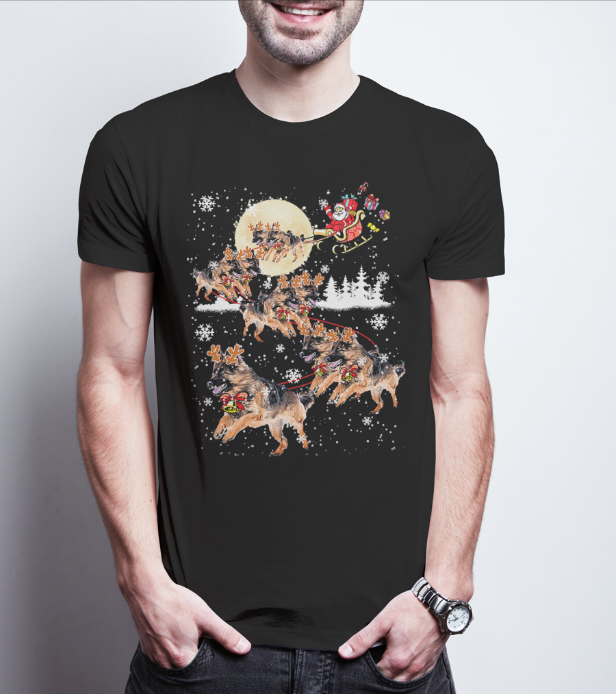 Santa Sleigh German Shepherd Reindeer Christmas Snowflakes Moon T-Shirt