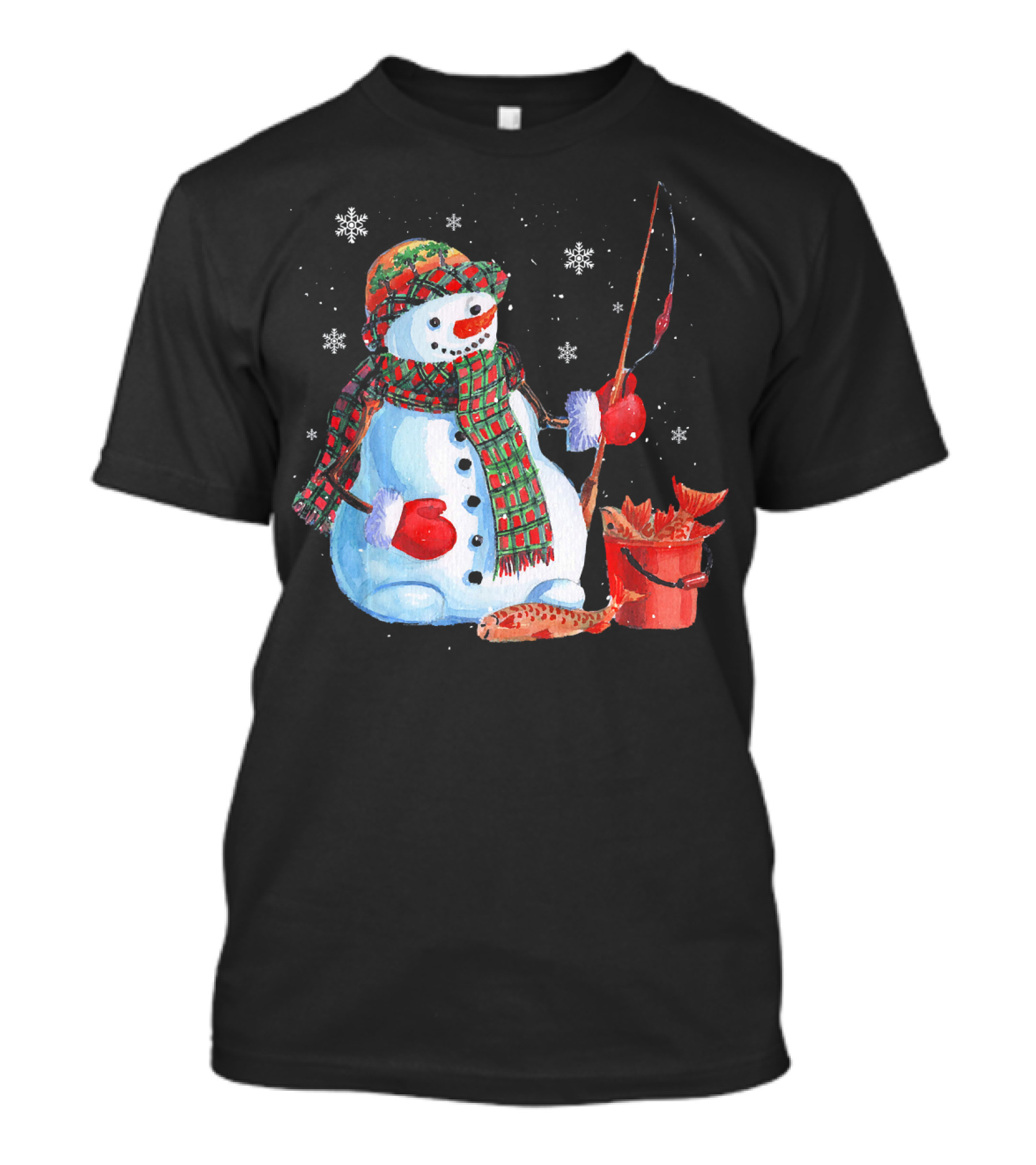 Merry Christmas Snowman Fishing With Fish And Snowflakes T-Shirt