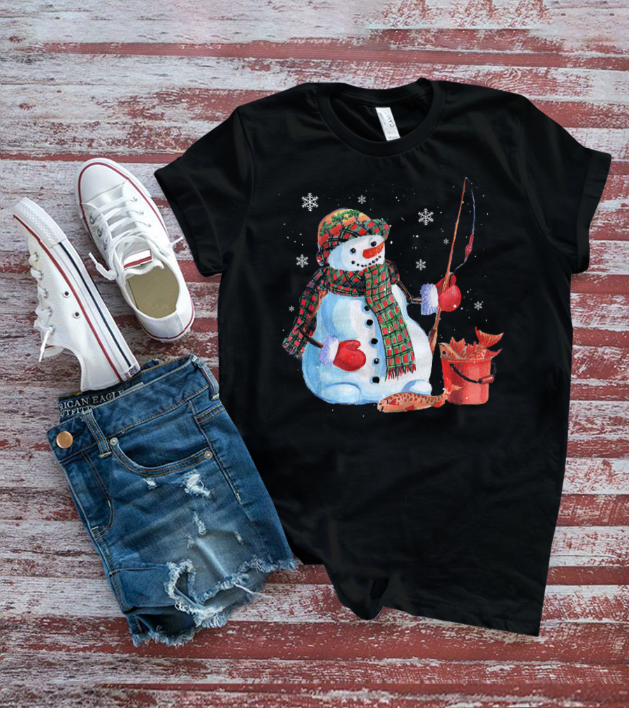 Merry Christmas Snowman Fishing With Fish And Snowflakes T-Shirt