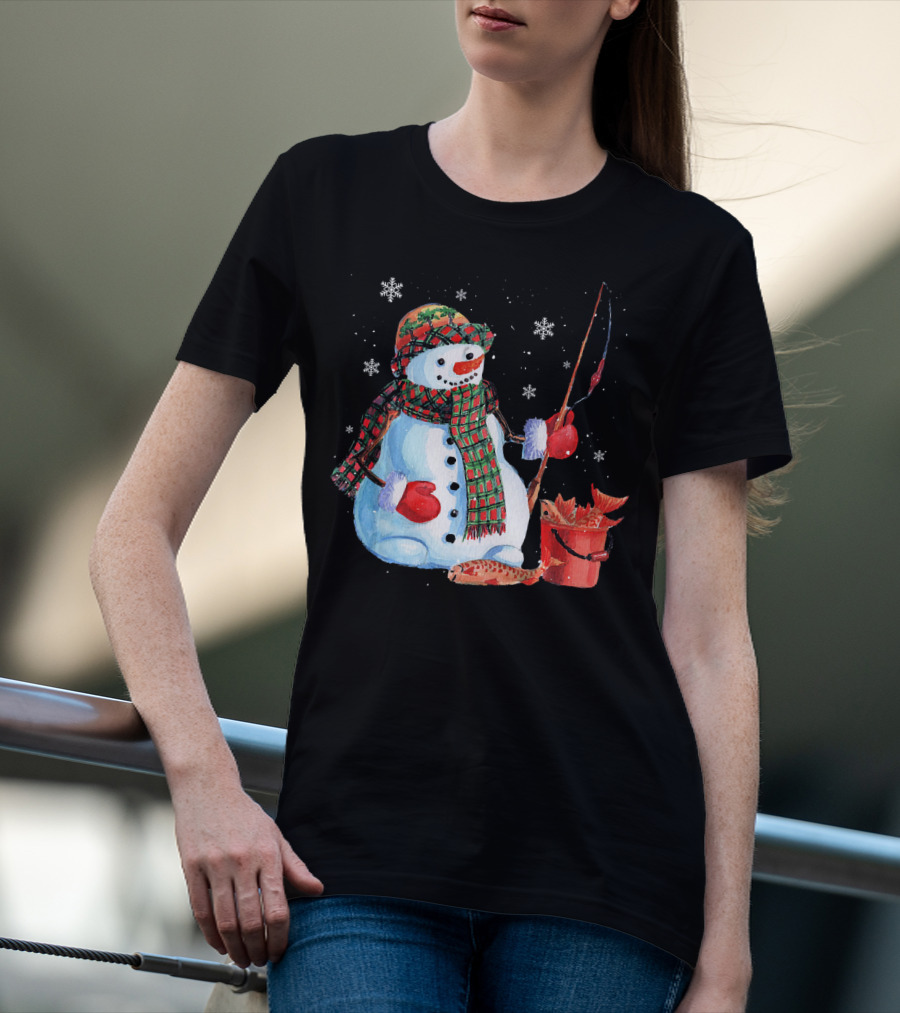 Merry Christmas Snowman Fishing With Fish And Snowflakes T-Shirt