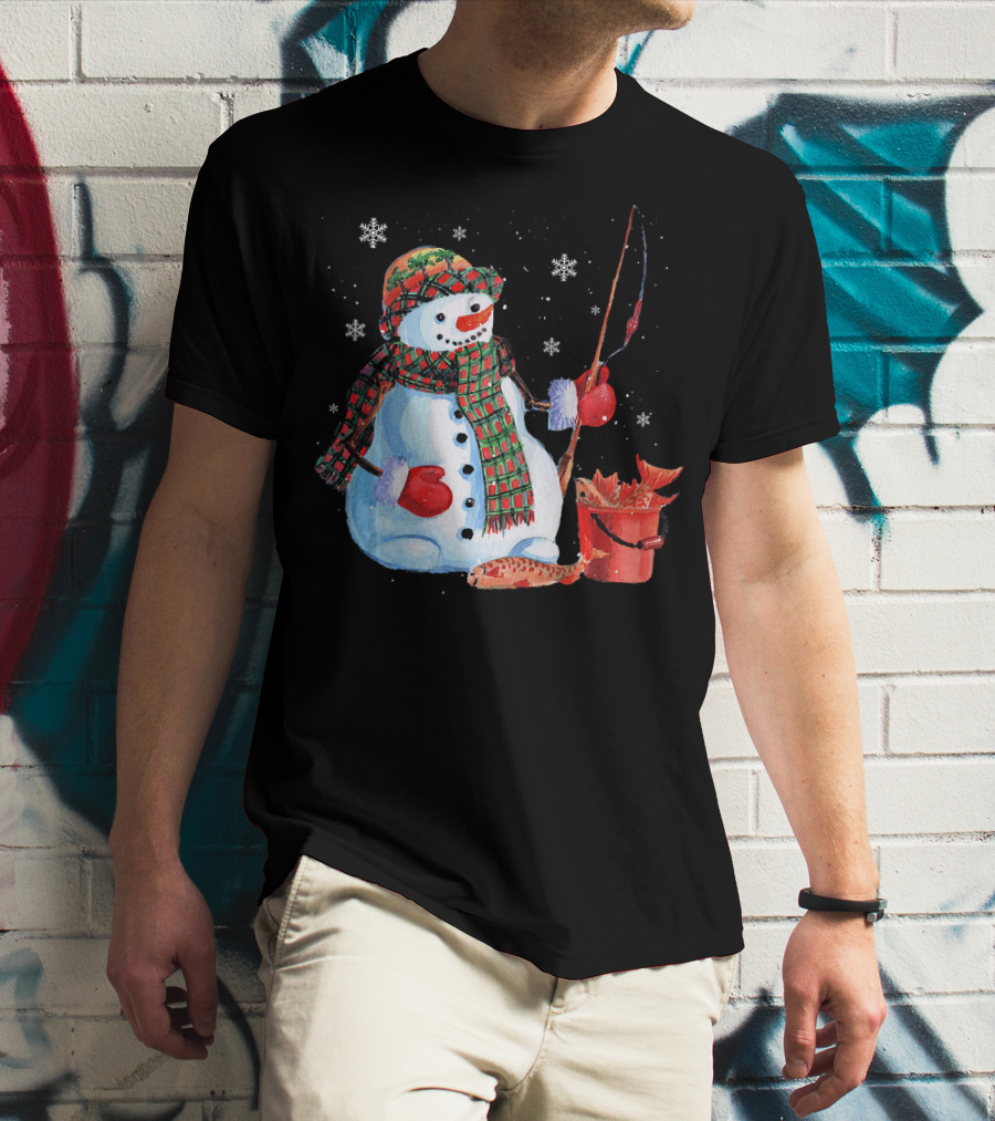 Merry Christmas Snowman Fishing With Fish And Snowflakes T-Shirt
