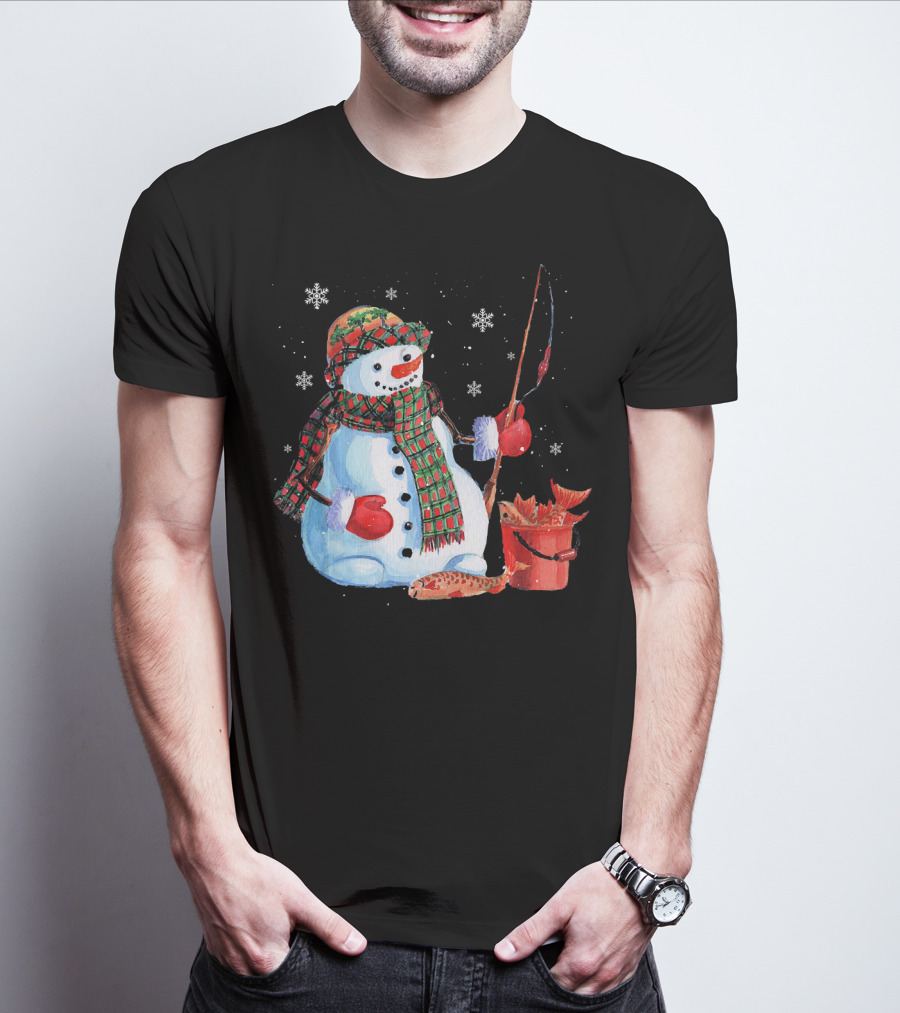 Merry Christmas Snowman Fishing With Fish And Snowflakes T-Shirt