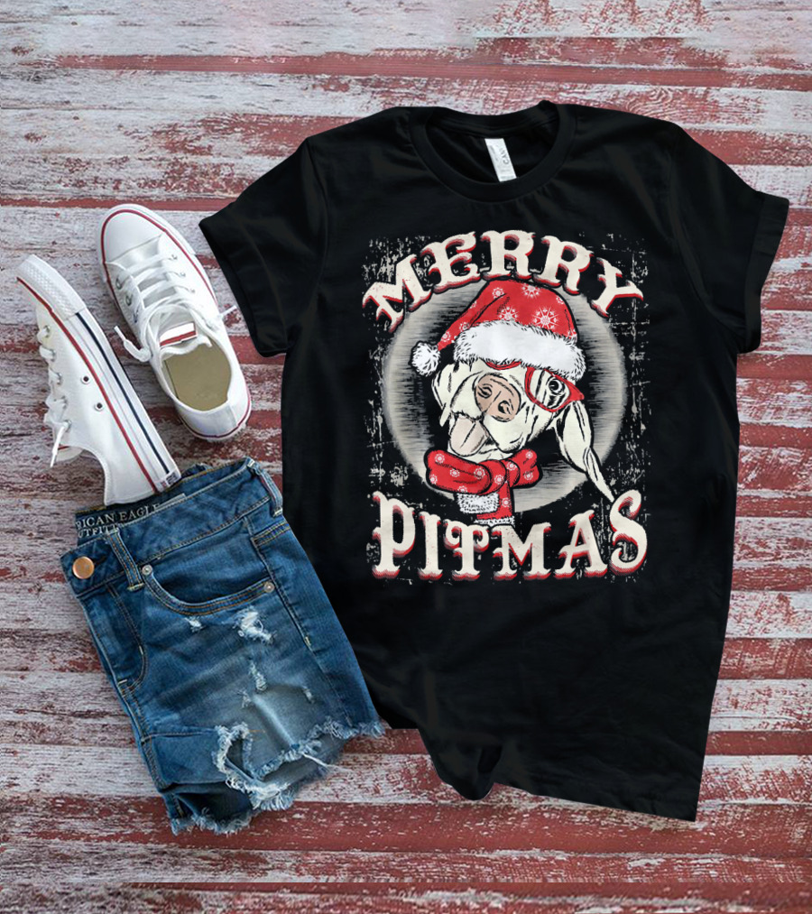 Merry Pitmas Santa Hat Festive Dog T-Shirt