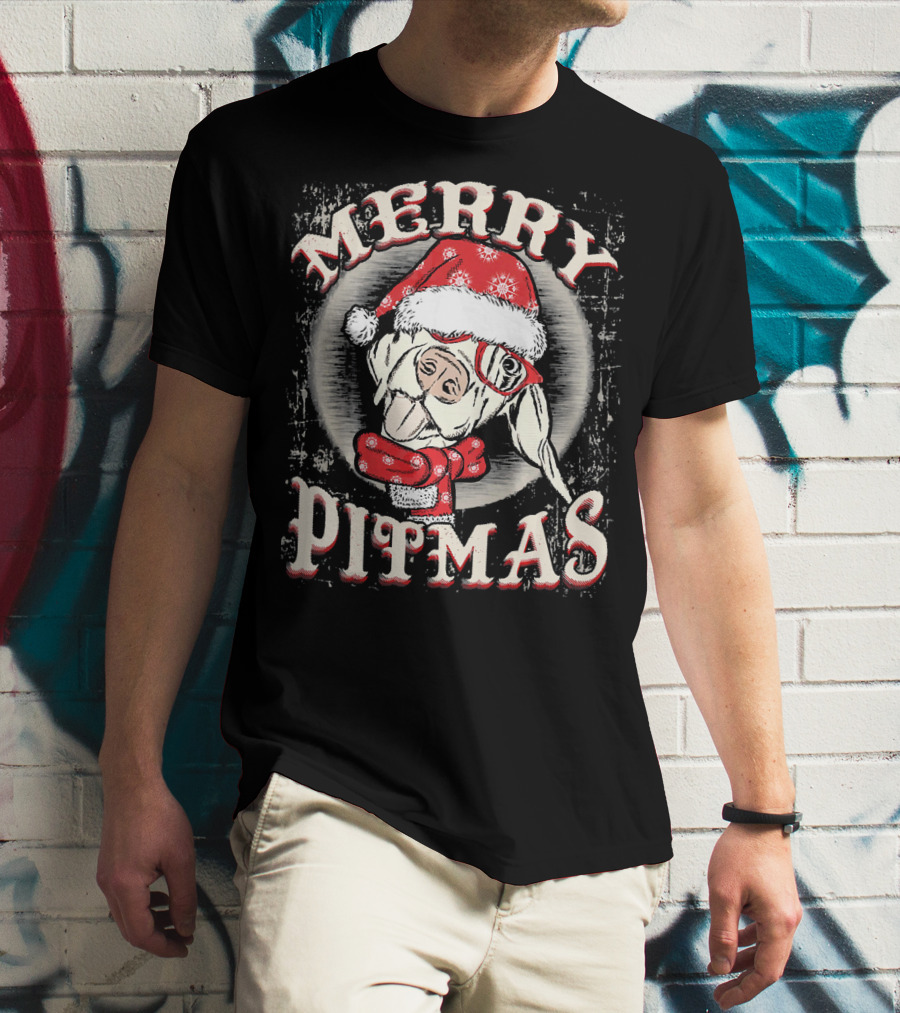 Merry Pitmas Santa Hat Festive Dog T-Shirt
