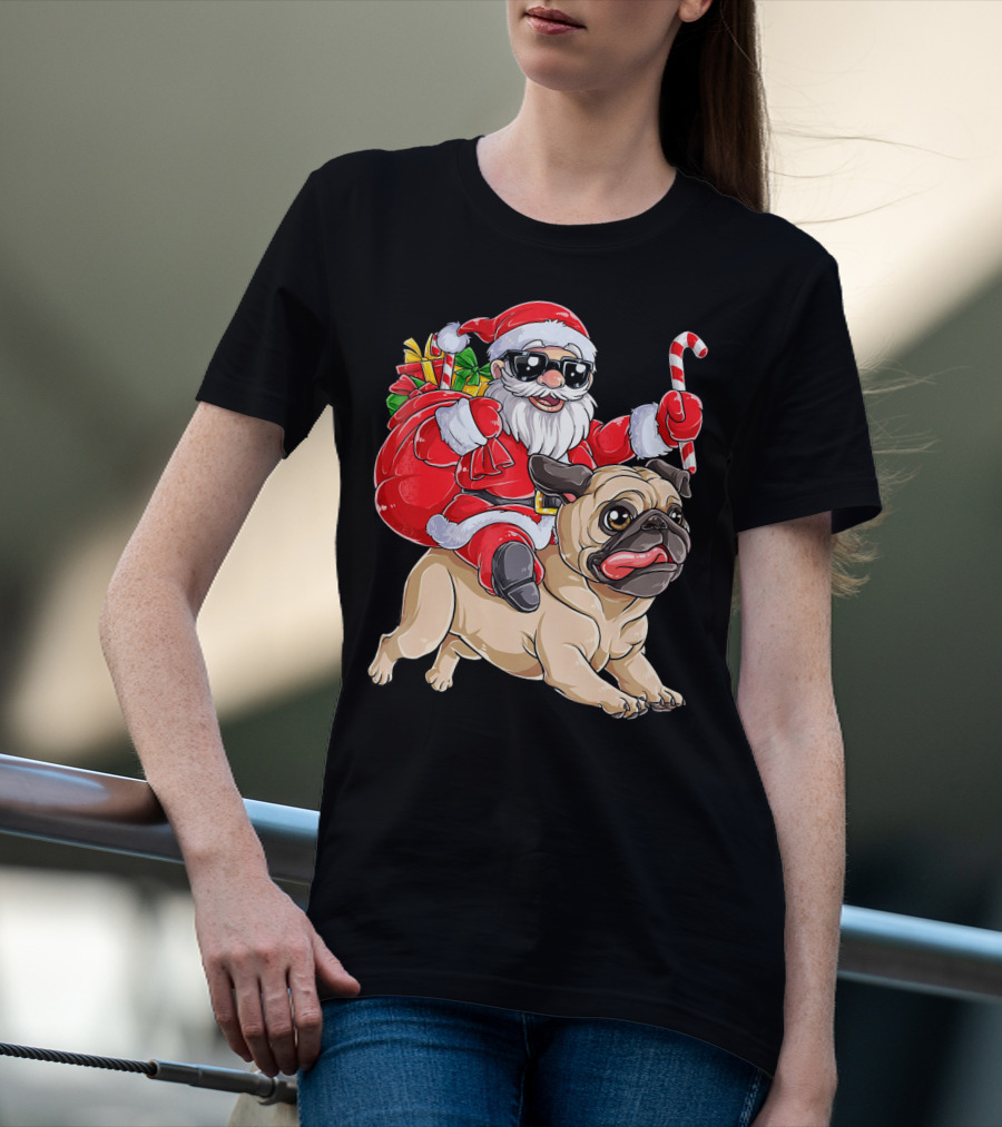 Santa Claus Riding Pug With Candy Cane And Gifts T-Shirt