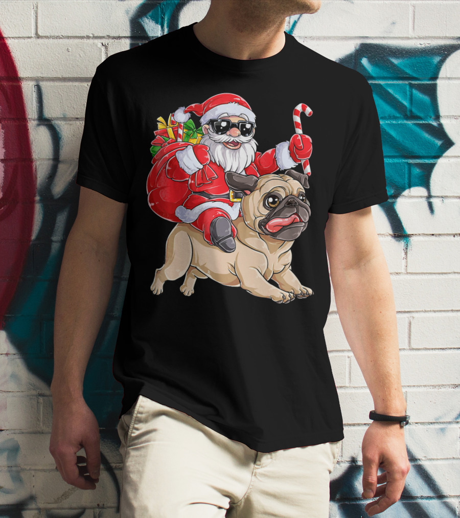 Santa Claus Riding Pug With Candy Cane And Gifts T-Shirt