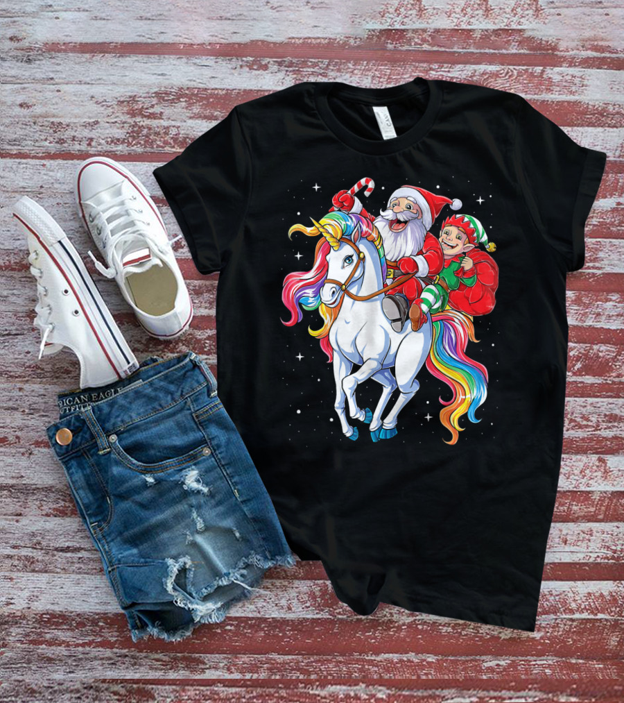 Santa And Elf Riding Rainbow Unicorn Christmas Magic T-Shirt