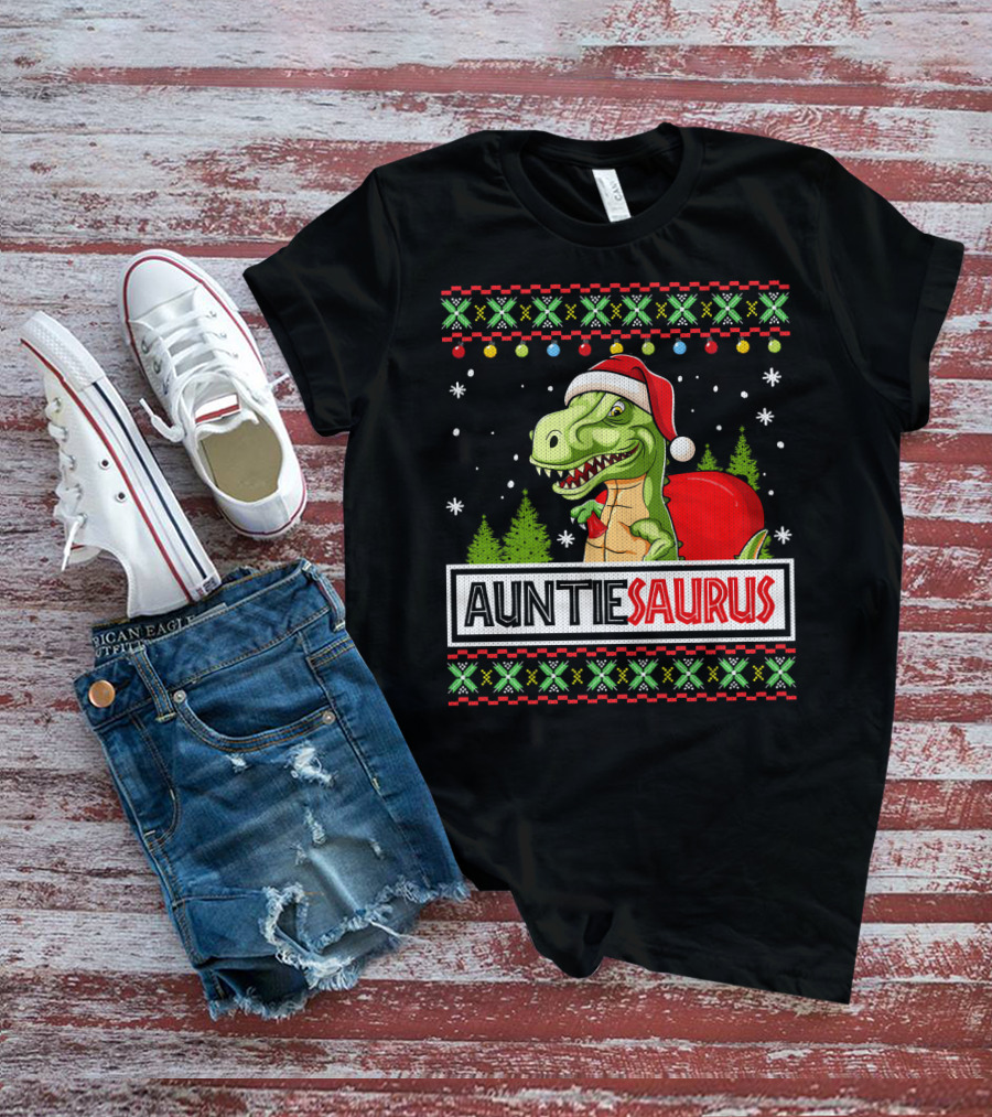 Auntiesaurus Funny Auntie Dinosaur Christmas Sweater T-Rex Santa Hat T-Shirt