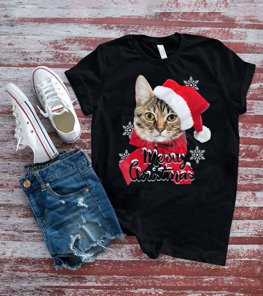 Merry Christmas Funny Cat Women Santa T-Shirt