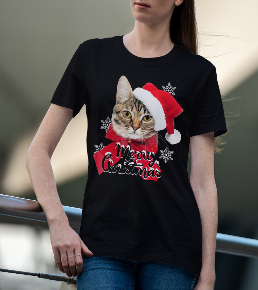 Merry Christmas Funny Cat Women Santa T-Shirt