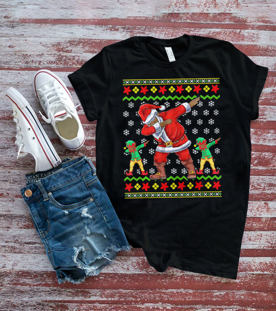Christmas African American Dabbing Santa With Elves T-Shirt