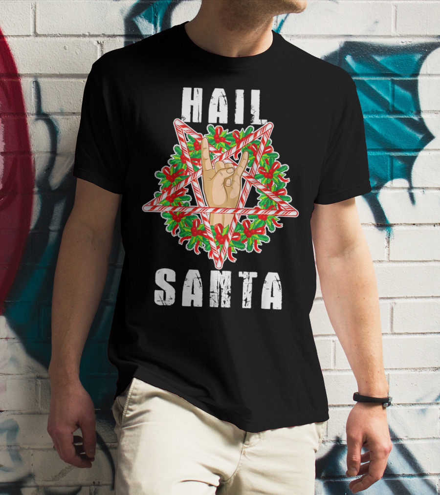 Hail Santa Candy Cane Wreath Hand Sign T-Shirt
