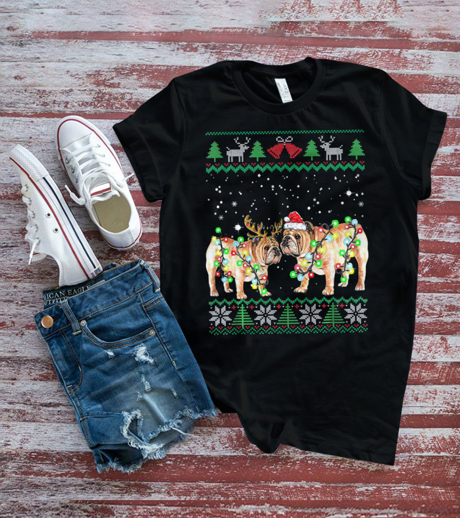 Bulldog Ugly Christmas Sweater With Santa Hat And Reindeer Antlers T-Shirt