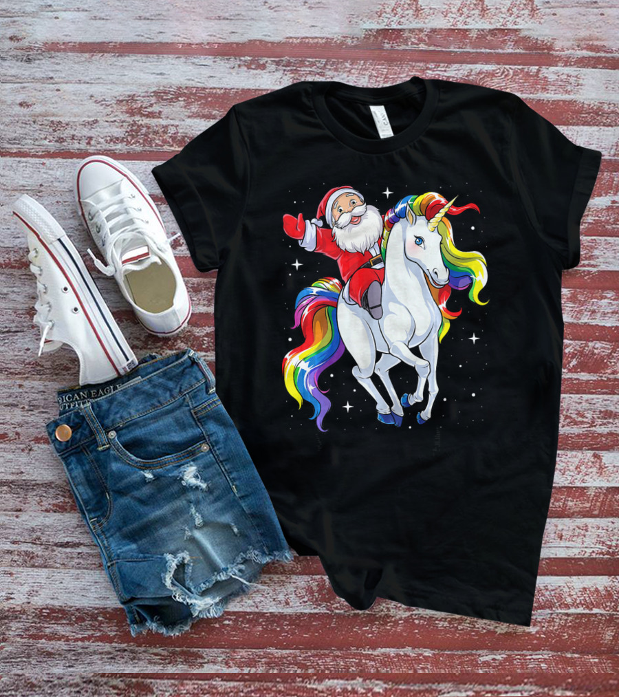 Santa Riding Magical Rainbow Unicorn T-Shirt
