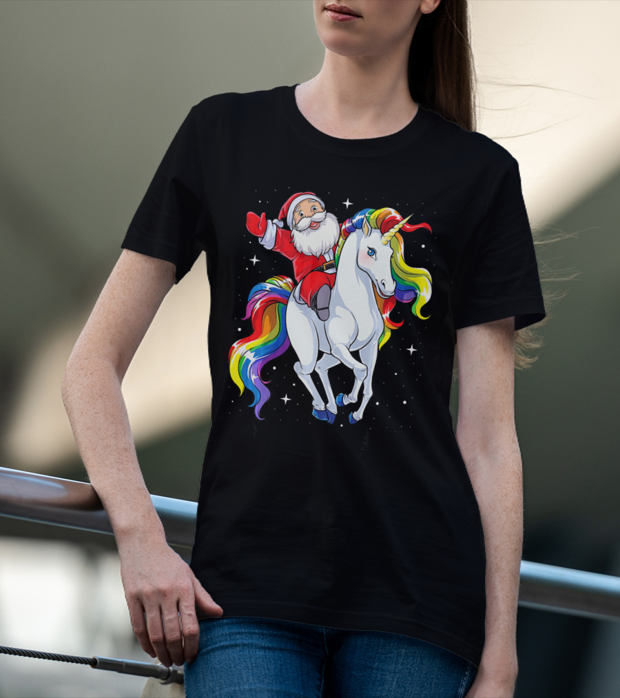 Santa Riding Magical Rainbow Unicorn T-Shirt