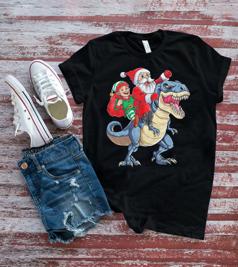 Santa Elf Riding Dinosaur Christmas Boys T-Shirt
