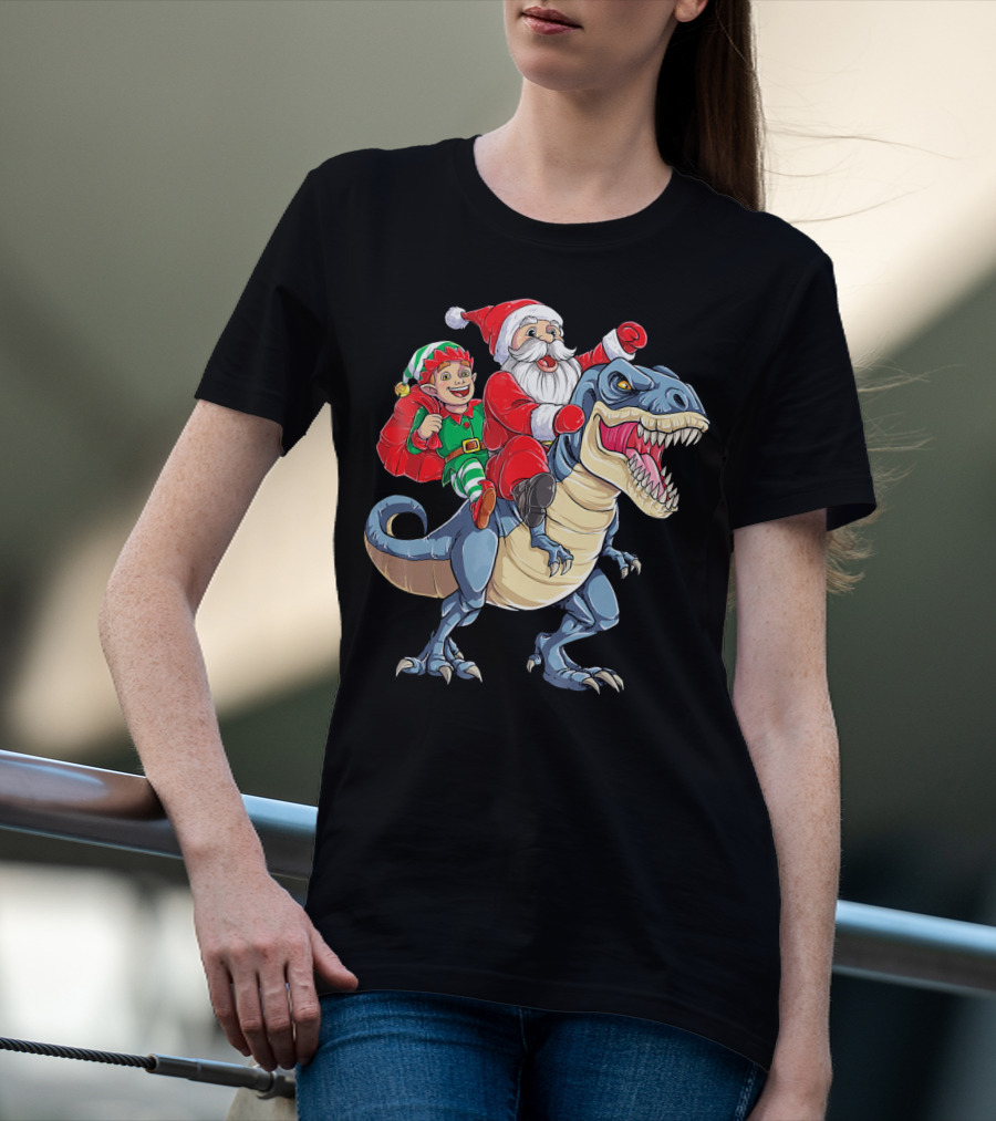 Santa Elf Riding Dinosaur Christmas Boys T-Shirt