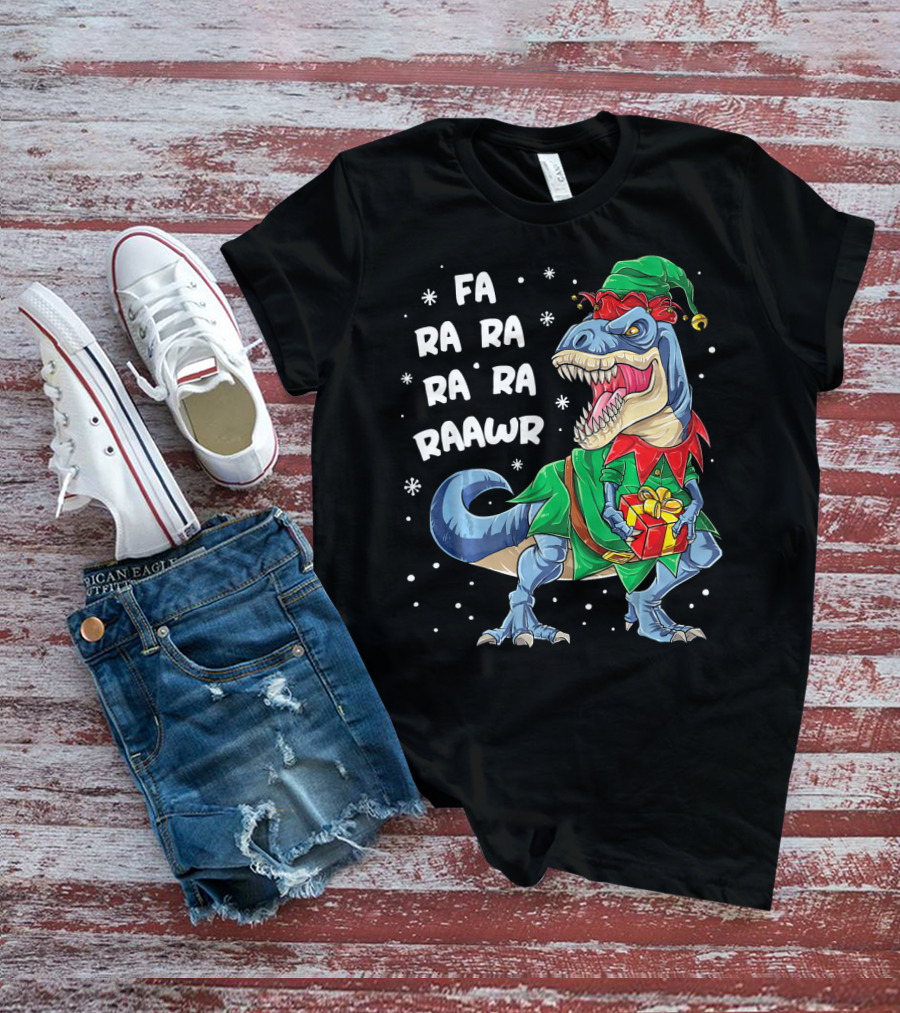 Fa Ra Ra Ra Ra Rawr Dinosaur Christmas Elf With Gift T-Shirt