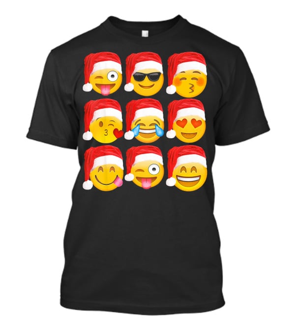 Emoji Christmas Santa Hats Heart Eyes Kiss Faces T-Shirt
