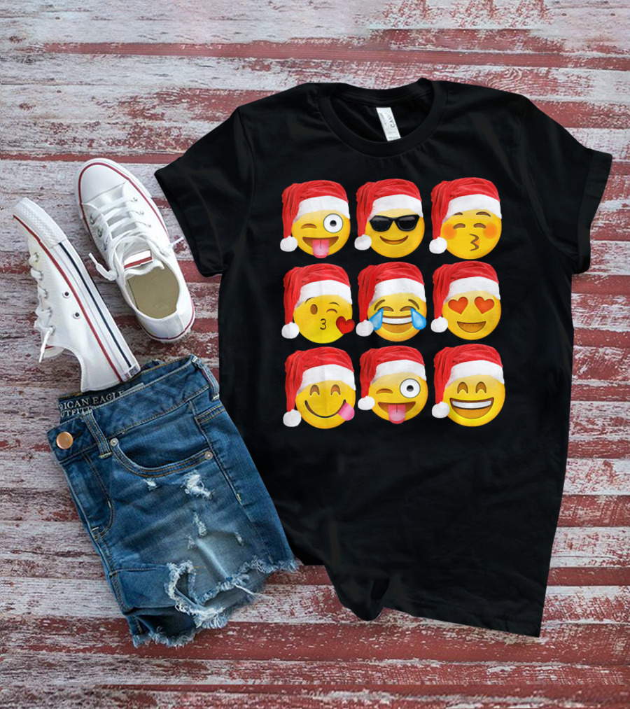 Emoji Christmas Santa Hats Heart Eyes Kiss Faces T-Shirt