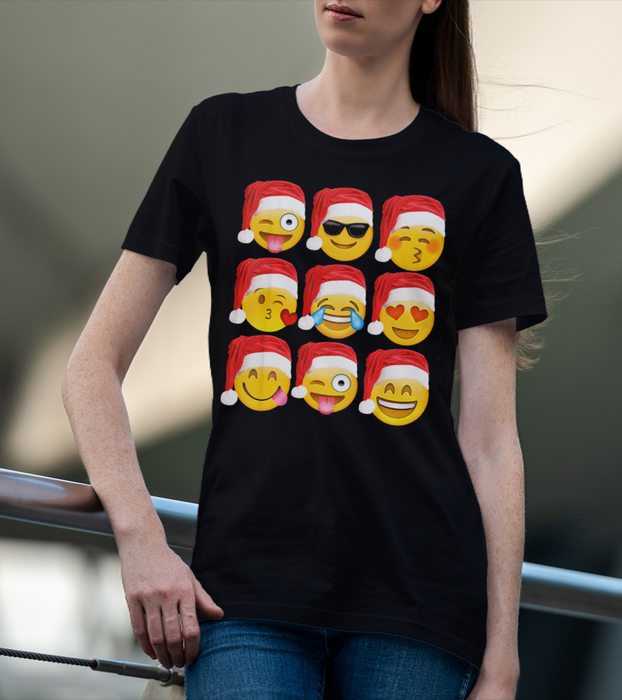 Emoji Christmas Santa Hats Heart Eyes Kiss Faces T-Shirt