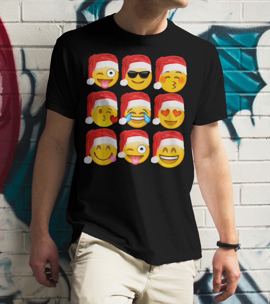 Emoji Christmas Santa Hats Heart Eyes Kiss Faces T-Shirt