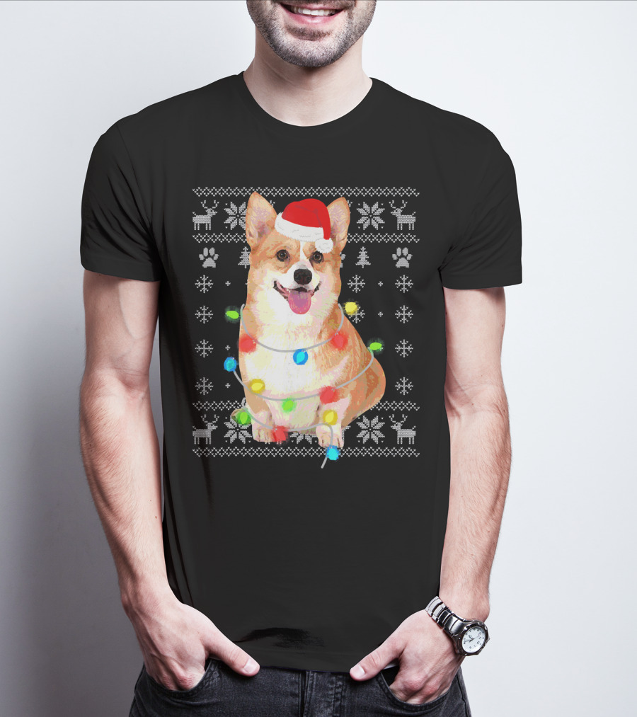 Corgi UglyStyle Christmas Lights Snowflakes Reindeer Dog T-Shirt