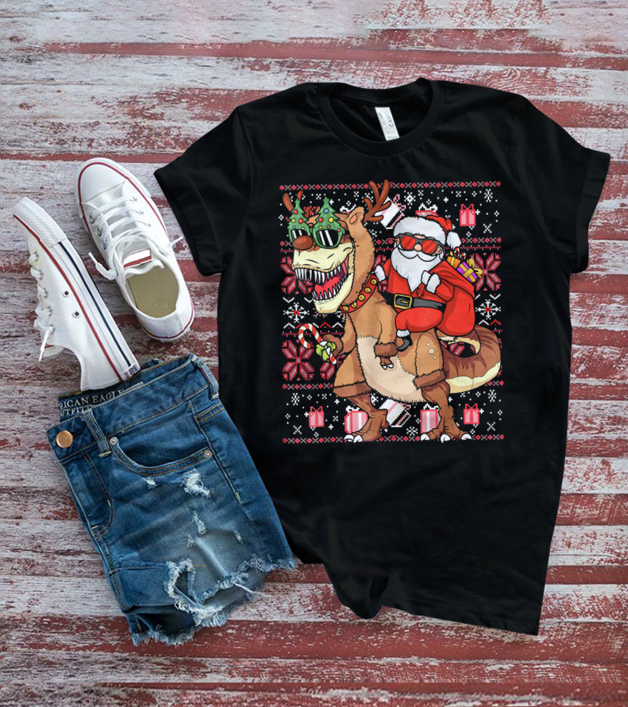 Santa Riding Trex Dinosaur Ugly Christmas T-Shirt