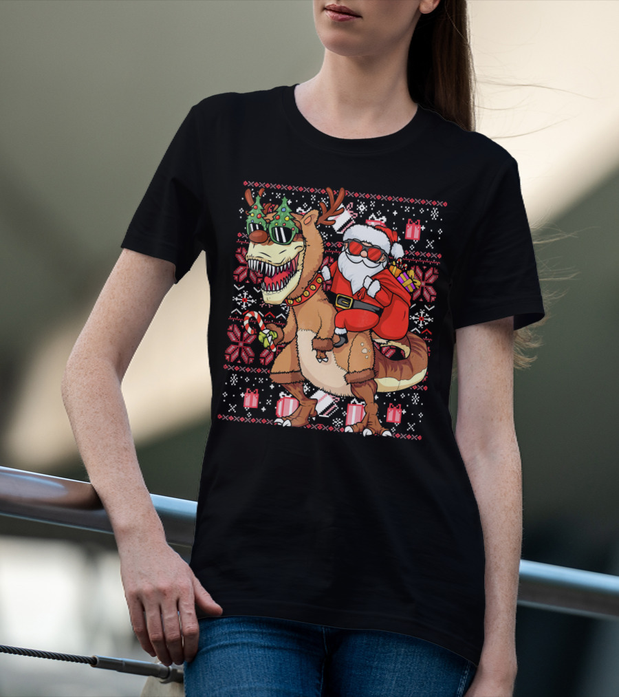 Santa Riding Trex Dinosaur Ugly Christmas T-Shirt